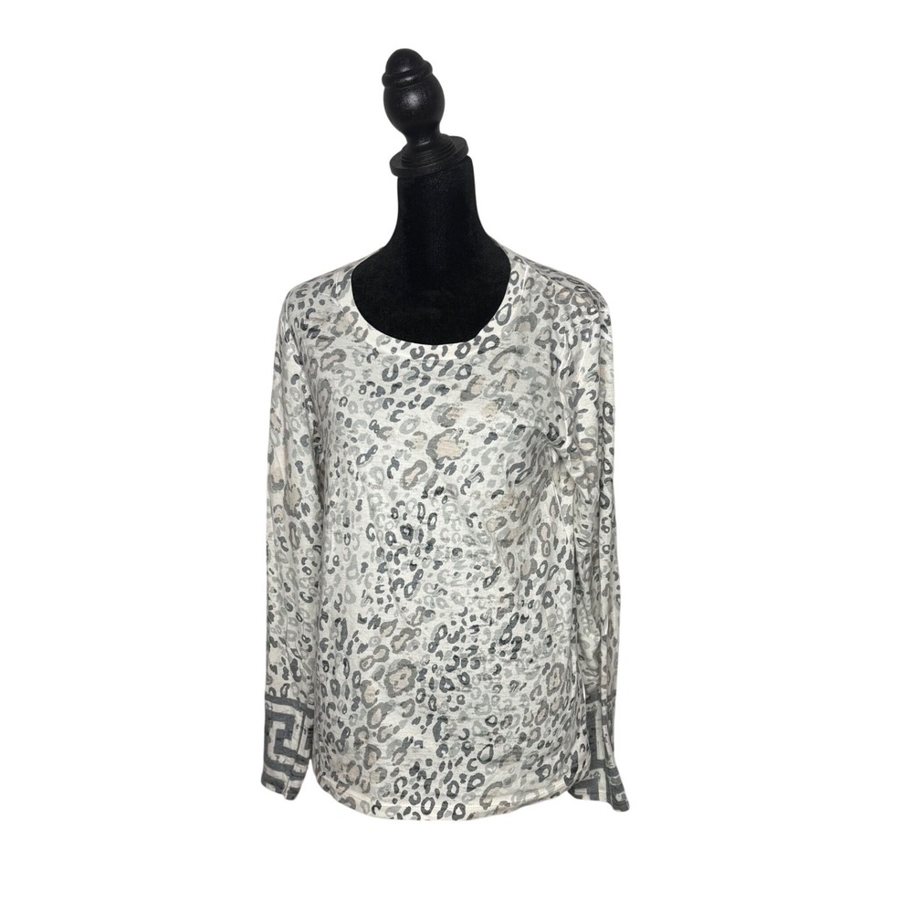 Whimsy Rose Burnout Leopard Top Greek Key Cuff Animal Print Gray USA Size S‎